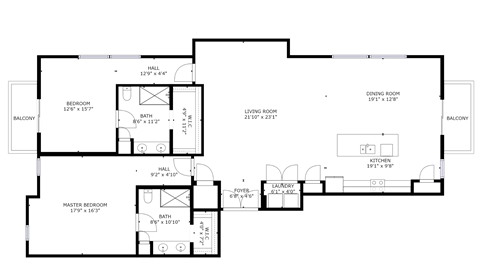 Floor plan for 2 beds, 2 baths, 1937 sqft